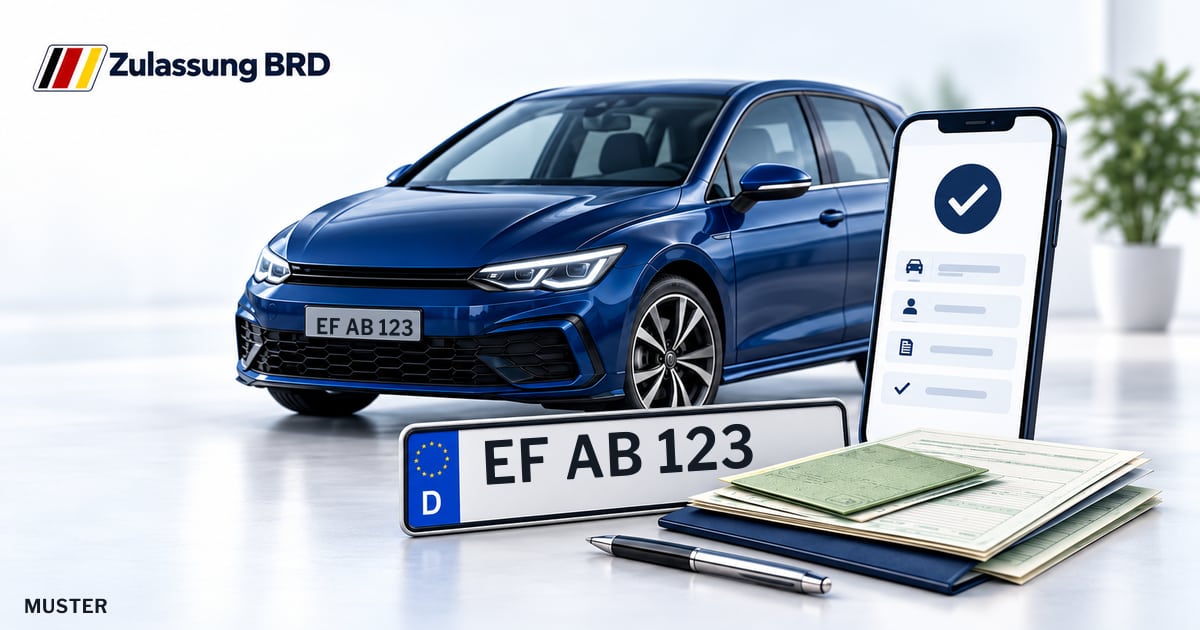 Online Fahrzeugzulassung in Erfurt: Musterkennzeichen EF AB 123, Auto und Fahrzeugpapiere und Smartphone. Illustration mit Logo von Zulassung BRD.
